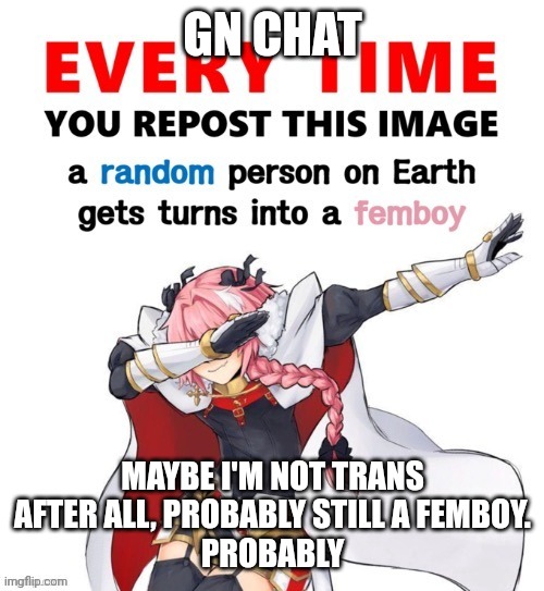 Every time you repost this image femboy | GN CHAT; MAYBE I'M NOT TRANS AFTER ALL, PROBABLY STILL A FEMBOY.
 PROBABLY | image tagged in every time you repost this image femboy | made w/ Imgflip meme maker