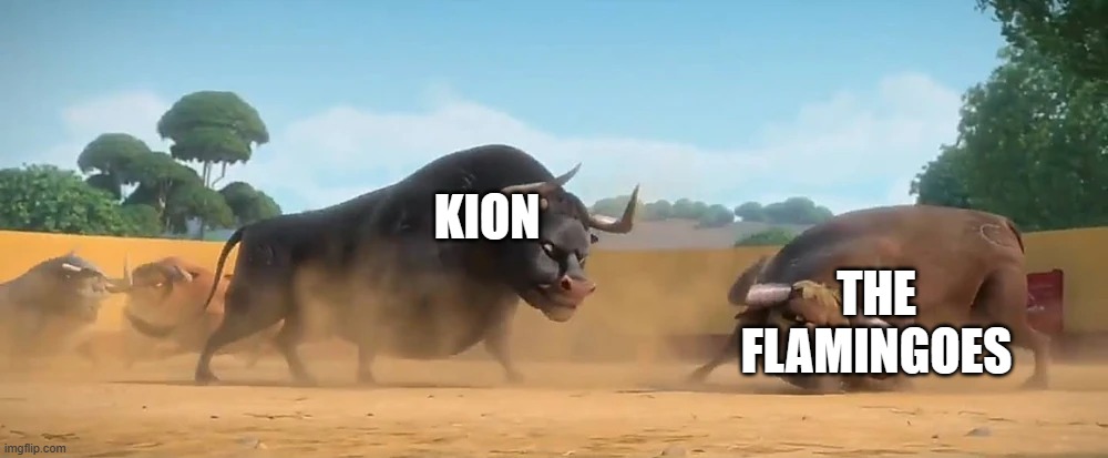 For no reason | KION; THE FLAMINGOES | image tagged in ferdinand's dad hits valiente's dad | made w/ Imgflip meme maker