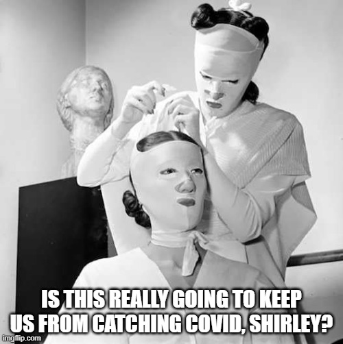 Masked Women COVID paranoia | IS THIS REALLY GOING TO KEEP US FROM CATCHING COVID, SHIRLEY? | image tagged in masked women,covid-19,covid paranoia | made w/ Imgflip meme maker