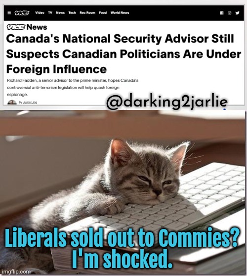 Who could've imagined? | @darking2jarlie; Liberals sold out to Commies?
I'm shocked. | image tagged in communists,china,canada,justin trudeau,liberals,socialism | made w/ Imgflip meme maker