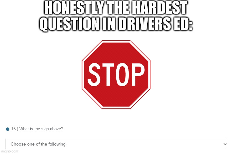 the hardest question in driving history | HONESTLY THE HARDEST QUESTION IN DRIVERS ED: | image tagged in driving,hard question,question,drivers ed,stop,sarcasm | made w/ Imgflip meme maker