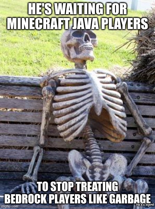 Minecraft | HE'S WAITING FOR MINECRAFT JAVA PLAYERS; TO STOP TREATING BEDROCK PLAYERS LIKE GARBAGE; He's a legend | image tagged in memes,waiting skeleton | made w/ Imgflip meme maker