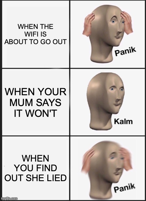 Panik Kalm Panik Meme | WHEN THE WIFI IS ABOUT TO GO OUT; WHEN YOUR MUM SAYS IT WON'T; WHEN YOU FIND OUT SHE LIED | image tagged in memes,panik kalm panik | made w/ Imgflip meme maker