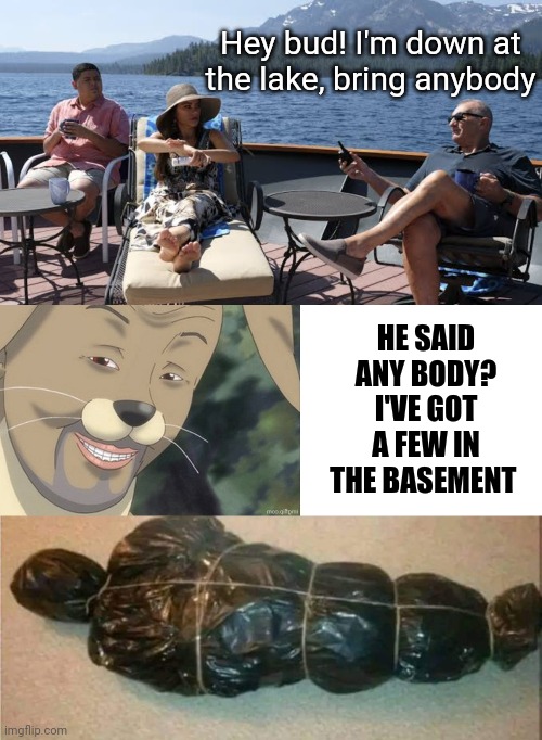 Anybody, yes any body | Hey bud! I'm down at the lake, bring anybody; HE SAID ANY BODY? I'VE GOT A FEW IN THE BASEMENT | image tagged in memes,eyeroll,dad joke | made w/ Imgflip meme maker