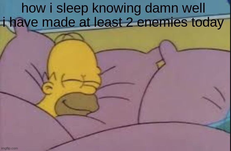 how i sleep homer simpson | how i sleep knowing damn well i have made at least 2 enemies today | image tagged in how i sleep homer simpson | made w/ Imgflip meme maker