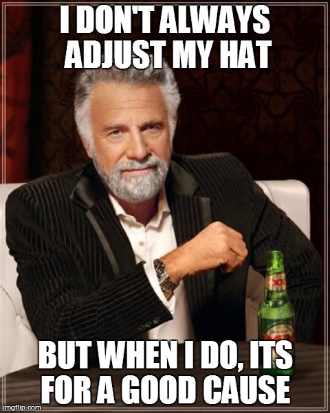 The Most Interesting Man In The World | I DON'T ALWAYS ADJUST MY HAT BUT WHEN I DO, ITS FOR A GOOD CAUSE | image tagged in memes,the most interesting man in the world | made w/ Imgflip meme maker