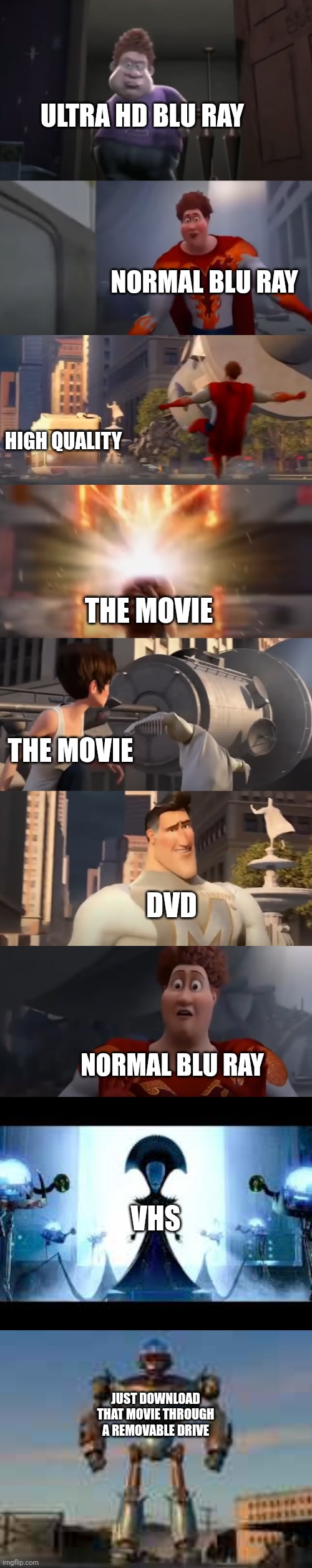 ULTRA HD BLU RAY; NORMAL BLU RAY; HIGH QUALITY; THE MOVIE; THE MOVIE; DVD; NORMAL BLU RAY; VHS; JUST DOWNLOAD THAT MOVIE THROUGH A REMOVABLE DRIVE | image tagged in snotty boy glow up meme extended,movies,dvd,bluray,blu ray,vhs | made w/ Imgflip meme maker