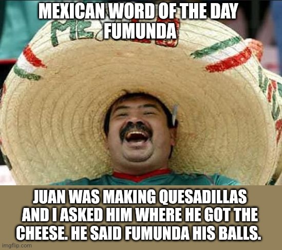 mexican word of the day | MEXICAN WORD OF THE DAY 
FUMUNDA; JUAN WAS MAKING QUESADILLAS AND I ASKED HIM WHERE HE GOT THE CHEESE. HE SAID FUMUNDA HIS BALLS. | image tagged in mexican word of the day | made w/ Imgflip meme maker