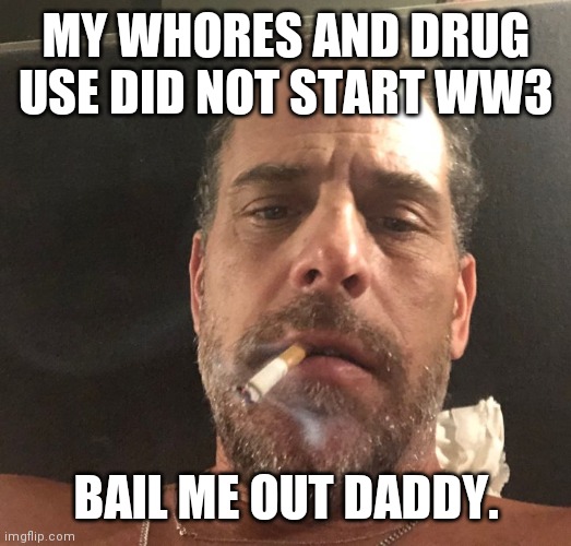 Hunter Biden | MY WHORES AND DRUG USE DID NOT START WW3 BAIL ME OUT DADDY. | image tagged in hunter biden | made w/ Imgflip meme maker