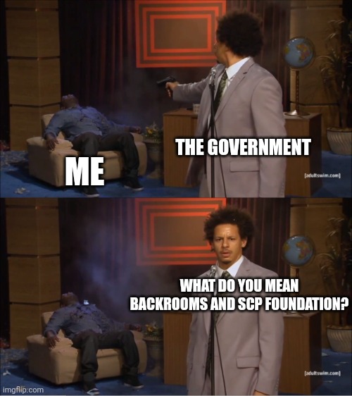 Who Killed Hannibal Meme | THE GOVERNMENT; ME; WHAT DO YOU MEAN BACKROOMS AND SCP FOUNDATION? | image tagged in memes,who killed hannibal | made w/ Imgflip meme maker