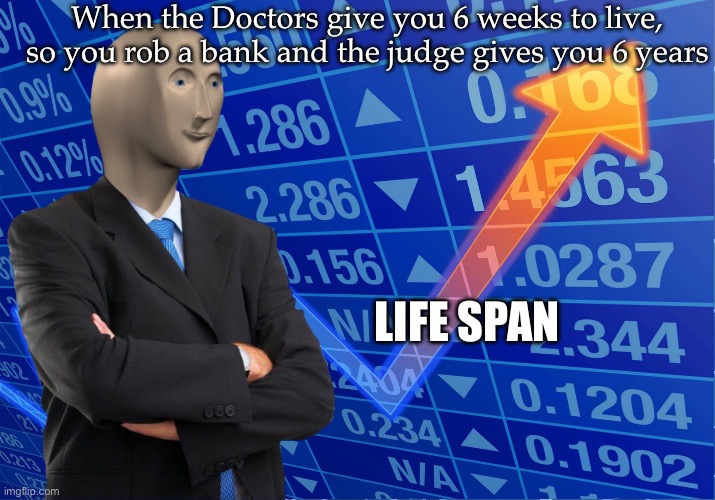 Life span | When the Doctors give you 6 weeks to live, so you rob a bank and the judge gives you 6 years; LIFE SPAN | image tagged in stonks blank,terminal,years,weeks,doctor,judge | made w/ Imgflip meme maker
