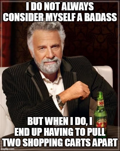 The Most Interesting Man In The World Meme | I DO NOT ALWAYS CONSIDER MYSELF A BADASS; BUT WHEN I DO, I END UP HAVING TO PULL TWO SHOPPING CARTS APART | image tagged in memes,the most interesting man in the world,meme,funny | made w/ Imgflip meme maker