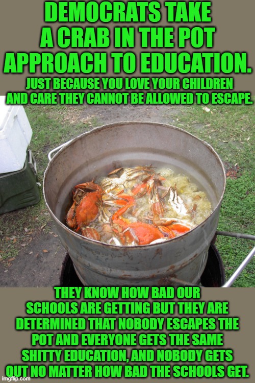 yep | DEMOCRATS TAKE A CRAB IN THE POT APPROACH TO EDUCATION. JUST BECAUSE YOU LOVE YOUR CHILDREN AND CARE THEY CANNOT BE ALLOWED TO ESCAPE. THEY KNOW HOW BAD OUR SCHOOLS ARE GETTING BUT THEY ARE DETERMINED THAT NOBODY ESCAPES THE POT AND EVERYONE GETS THE SAME SHITTY EDUCATION, AND NOBODY GETS OUT NO MATTER HOW BAD THE SCHOOLS GET. | image tagged in schools | made w/ Imgflip meme maker