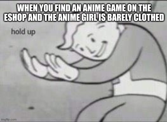 anime games am i right | WHEN YOU FIND AN ANIME GAME ON THE ESHOP AND THE ANIME GIRL IS BARELY CLOTHED | image tagged in fallout hold up | made w/ Imgflip meme maker