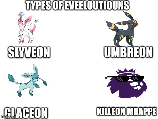 MBAPPE!!! | TYPES OF EVEELOUTIOUNS; UMBREON; SLYVEON; KILLEON MBAPPE; GLACEON | image tagged in soccer,funny,pokemon | made w/ Imgflip meme maker