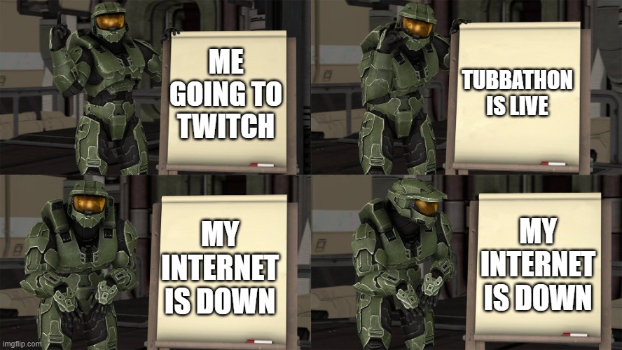 oh shi- | TUBBATHON IS LIVE; ME GOING TO TWITCH; MY INTERNET IS DOWN; MY INTERNET IS DOWN | image tagged in master chief's plan- despicable me halo | made w/ Imgflip meme maker