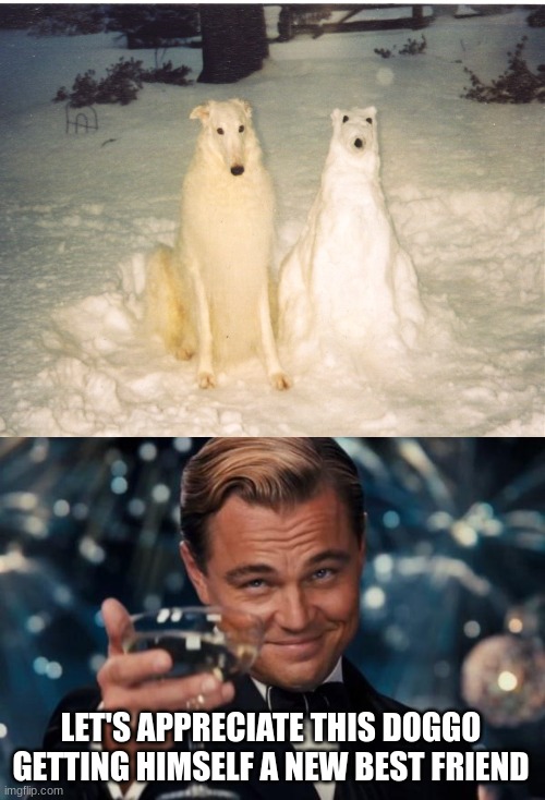 LET'S APPRECIATE THIS DOGGO GETTING HIMSELF A NEW BEST FRIEND | image tagged in memes,leonardo dicaprio cheers | made w/ Imgflip meme maker