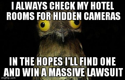 Wierd stuff I do potoo | I ALWAYS CHECK MY HOTEL ROOMS FOR HIDDEN CAMERAS IN THE HOPES I'LL FIND ONE AND WIN A MASSIVE LAWSUIT | image tagged in wierd stuff i do potoo,AdviceAnimals | made w/ Imgflip meme maker