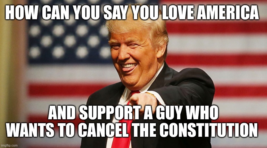 Trump Sucker | HOW CAN YOU SAY YOU LOVE AMERICA; AND SUPPORT A GUY WHO WANTS TO CANCEL THE CONSTITUTION | image tagged in trump sucker | made w/ Imgflip meme maker