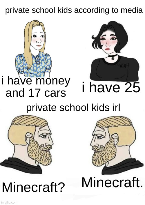 Seriously, I go to private school and most of the boys like sports and Minecraft. | private school kids according to media; i have 25; i have money and 17 cars; private school kids irl; Minecraft. Minecraft? | image tagged in private school,minecraft | made w/ Imgflip meme maker