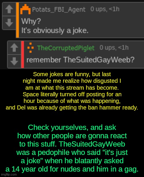 Some jokes are funny, but last night made me realize how disgusted I am at what this stream has become. Space literally turned off posting for an hour because of what was happening, and Del was already getting the ban hammer ready. Check yourselves, and ask how other people are gonna react to this stuff. TheSuitedGayWeeb was a pedophile who said "it's just a joke" when he blatantly asked a 14 year old for nudes and him in a gag. | image tagged in drizzy text temp | made w/ Imgflip meme maker
