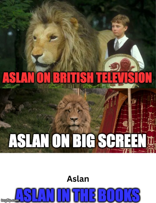 Know the difference | ASLAN ON BRITISH TELEVISION; ASLAN ON BIG SCREEN; ASLAN IN THE BOOKS | image tagged in aslan,book,narnia,lewis | made w/ Imgflip meme maker