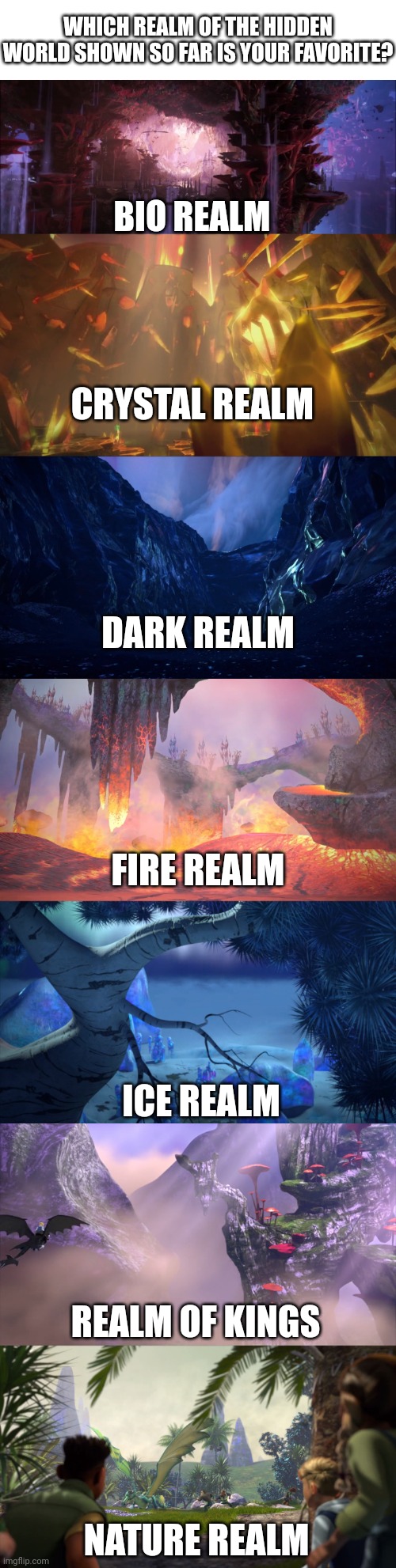 WHICH REALM OF THE HIDDEN WORLD SHOWN SO FAR IS YOUR FAVORITE? BIO REALM; CRYSTAL REALM; DARK REALM; FIRE REALM; ICE REALM; REALM OF KINGS; NATURE REALM | made w/ Imgflip meme maker