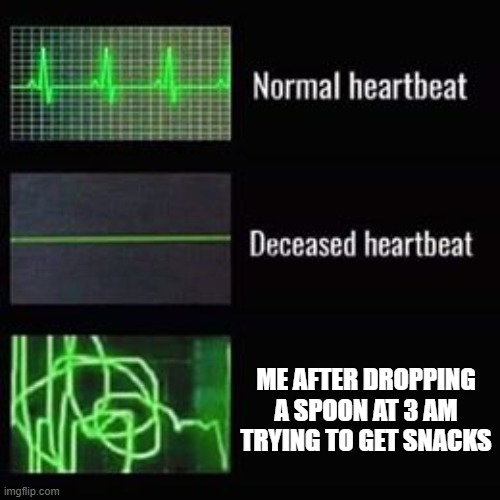 Yall can relate | ME AFTER DROPPING A SPOON AT 3 AM TRYING TO GET SNACKS | image tagged in heartbeat rate,relatable memes | made w/ Imgflip meme maker