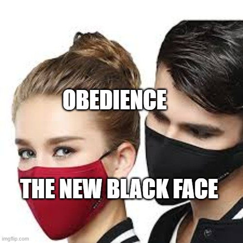 Mask Couple | OBEDIENCE; THE NEW BLACK FACE | image tagged in mask couple | made w/ Imgflip meme maker