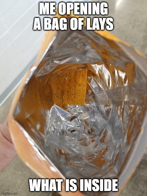what is inside of a bag of lays | ME OPENING A BAG OF LAYS; WHAT IS INSIDE | image tagged in lays chips,memes | made w/ Imgflip meme maker
