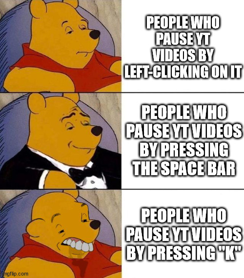 Who does that? | PEOPLE WHO PAUSE YT VIDEOS BY LEFT-CLICKING ON IT; PEOPLE WHO PAUSE YT VIDEOS BY PRESSING THE SPACE BAR; PEOPLE WHO PAUSE YT VIDEOS BY PRESSING "K" | image tagged in best better blurst,youtube | made w/ Imgflip meme maker
