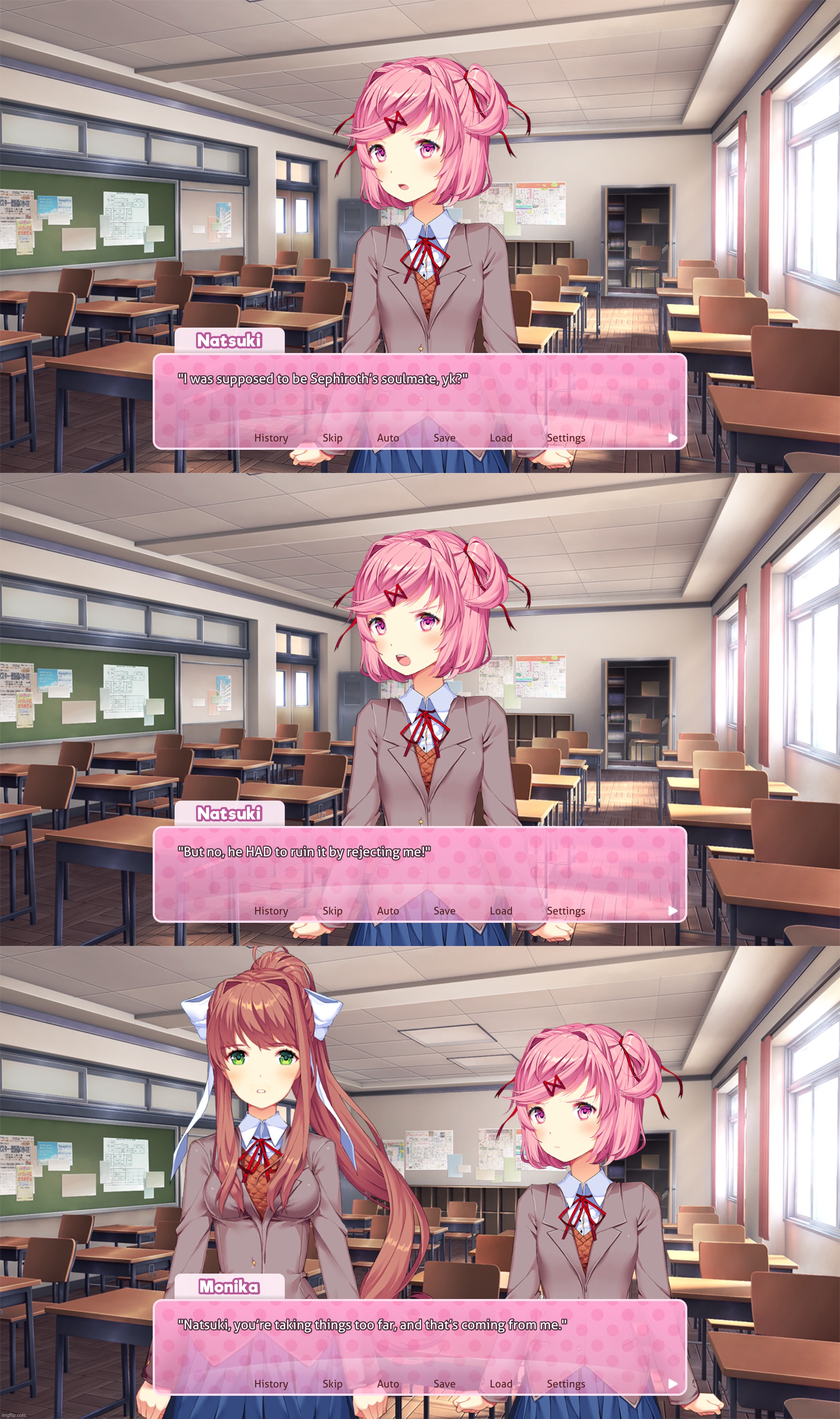 Context of the third panel: Monika also loves Sephiroth | made w/ Imgflip meme maker