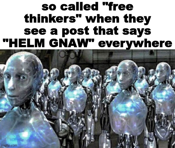 irobot | so called "free thinkers" when they see a post that says "HELM GNAW" everywhere | image tagged in irobot | made w/ Imgflip meme maker