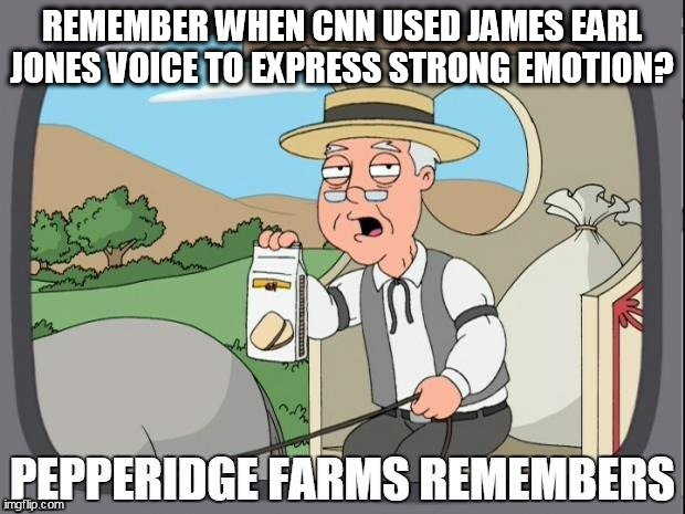 Race Baiting Hypocrites work at CNN. | REMEMBER WHEN CNN USED JAMES EARL JONES VOICE TO EXPRESS STRONG EMOTION? | image tagged in pepperidge farms remembers,racist,cnn,james earl jones | made w/ Imgflip meme maker