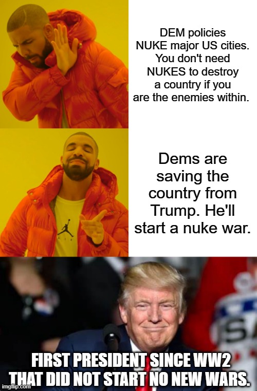 Ok DEMs start pulling your hair out & screaming | DEM policies NUKE major US cities. You don't need NUKES to destroy a country if you are the enemies within. Dems are saving the country from Trump. He'll start a nuke war. FIRST PRESIDENT SINCE WW2 THAT DID NOT START NO NEW WARS. | image tagged in democrats,socialism,nwo | made w/ Imgflip meme maker