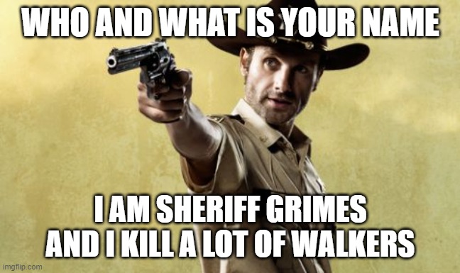 Rick Grimes | WHO AND WHAT IS YOUR NAME; I AM SHERIFF GRIMES AND I KILL A LOT OF WALKERS | image tagged in memes,rick grimes | made w/ Imgflip meme maker