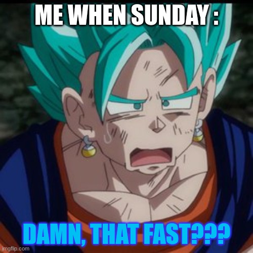 This is so true | ME WHEN SUNDAY :; DAMN, THAT FAST??? | image tagged in dbz fusion,dbs | made w/ Imgflip meme maker