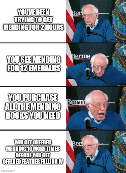 Tbh, Mending is a bit too common compared to other enchantments :P | YOUVE BEEN TRYING TO GET MENDING FOR 2 HOURS; YOU SEE MENDING FOR 12 EMERALDS; YOU PURCHASE ALL THE MENDING BOOKS YOU NEED; YOU GET OFFERED MENDING 10 MORE TIMES BEFORE YOU GET OFFERED FEATHER FALLING IV | image tagged in bernie excited and then disappointed | made w/ Imgflip meme maker