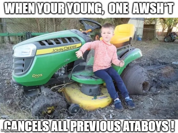 One aw-sh*t | WHEN YOUR YOUNG,  ONE  AWSH*T; CANCELS ALL PREVIOUS ATABOYS ! | image tagged in memes | made w/ Imgflip meme maker