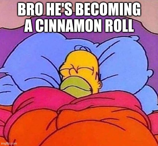 Homer Simpson sleeping peacefully | BRO HE'S BECOMING A CINNAMON ROLL | image tagged in homer simpson sleeping peacefully | made w/ Imgflip meme maker