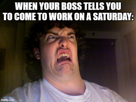 Goodness- NO T-T | WHEN YOUR BOSS TELLS YOU TO COME TO WORK ON A SATURDAY: | image tagged in memes,oh no | made w/ Imgflip meme maker