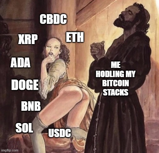 Monk Temptation | CBDC; ETH; ME HODLING MY BITCOIN STACKS; XRP; ADA; DOGE; BNB; SOL; USDC | image tagged in monk temptation | made w/ Imgflip meme maker