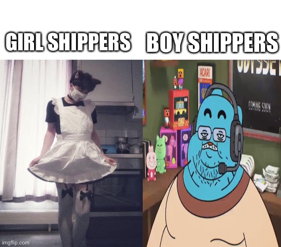 Giga chad vs femboy | GIRL SHIPPERS BOY SHIPPERS | image tagged in giga chad vs femboy | made w/ Imgflip meme maker