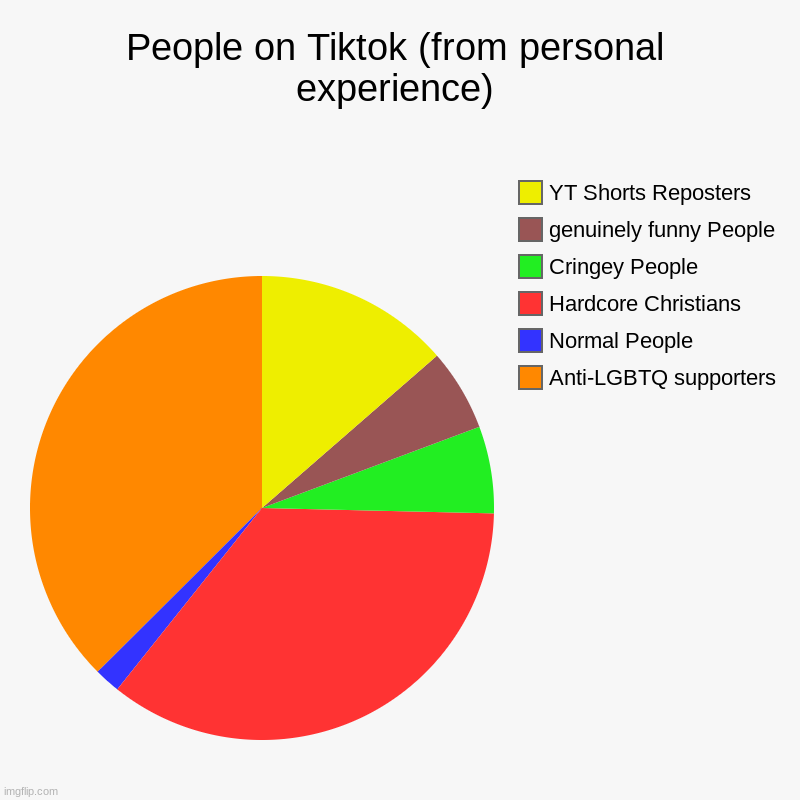 And so many more i couldn't fit | People on Tiktok (from personal experience) | Anti-LGBTQ supporters, Normal People, Hardcore Christians , Cringey People, genuinely funny Pe | image tagged in charts,pie charts,tiktok | made w/ Imgflip chart maker