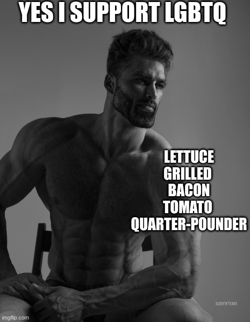 just a joke. | YES I SUPPORT LGBTQ; LETTUCE
GRILLED 
BACON
TOMATO 
QUARTER-POUNDER | image tagged in giga chad | made w/ Imgflip meme maker