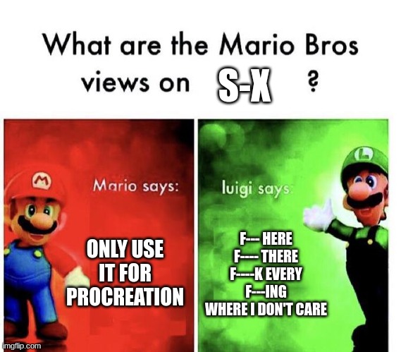 Mario Bros Views | S-X; ONLY USE IT FOR PROCREATION; F--- HERE F---- THERE F----K EVERY F---ING WHERE I DON'T CARE | image tagged in mario bros views | made w/ Imgflip meme maker
