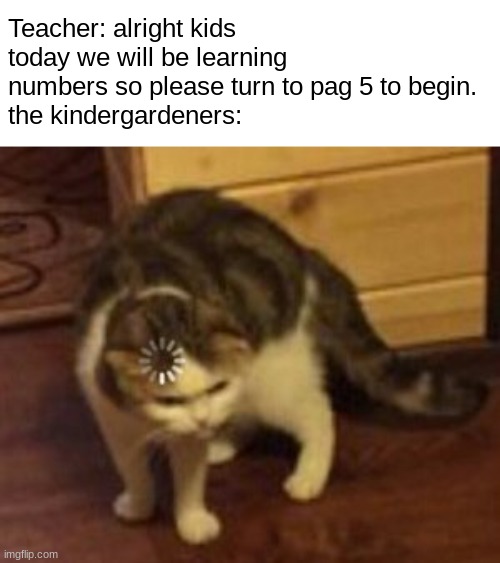 Wait what? | Teacher: alright kids today we will be learning numbers so please turn to pag 5 to begin.
the kindergardeners: | image tagged in loading cat,kindergarten | made w/ Imgflip meme maker