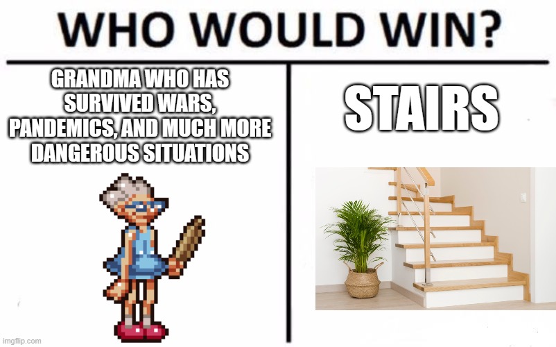 Who would win... =_= | GRANDMA WHO HAS SURVIVED WARS, PANDEMICS, AND MUCH MORE DANGEROUS SITUATIONS; STAIRS | image tagged in memes,who would win | made w/ Imgflip meme maker