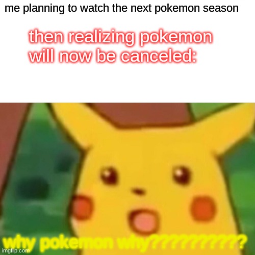 really pokemon why | me planning to watch the next pokemon season; then realizing pokemon will now be canceled:; why pokemon why?????????? | image tagged in memes,surprised pikachu | made w/ Imgflip meme maker