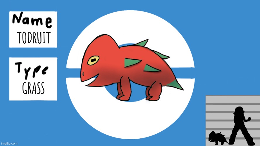 Last redesign for now, I realized it didn’t look right because the colors were swapped, dragon fruit is red with green flaps not | TODRUIT; GRASS | image tagged in pokemon display template | made w/ Imgflip meme maker